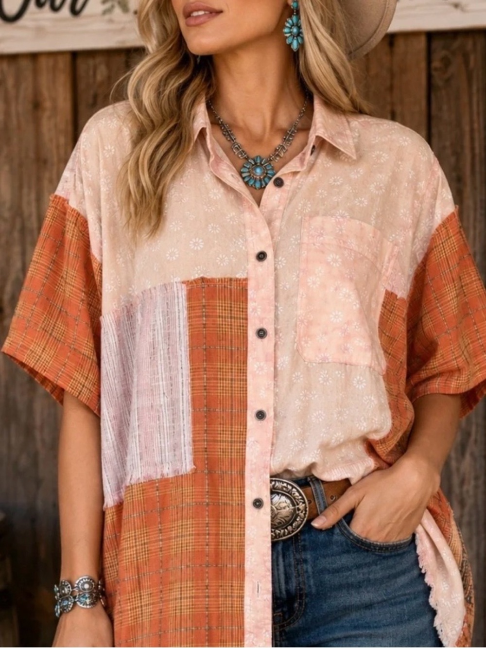 MAKE AN OFFER - BLUE VELVET Patchwork Oversized Button-Down Shirt